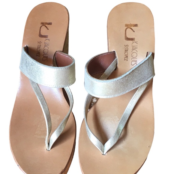 K Jacques St. Tropez Dorit Sandals Wedge Heel in a Neutral Metallic champagne - Picture 3 of 16